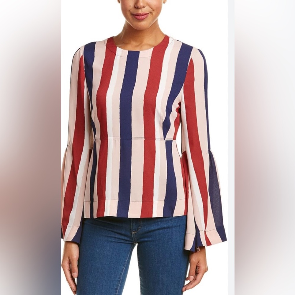 BCBGMAXAZRIA Women's Long  Jeanne Striped Woven Bell Sleeved Top